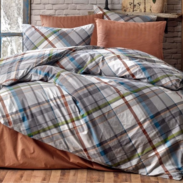 Lenjerie de pat dublu bumbac 100% ranforce Bahar Home Plaid gri-alb cu design în carouri