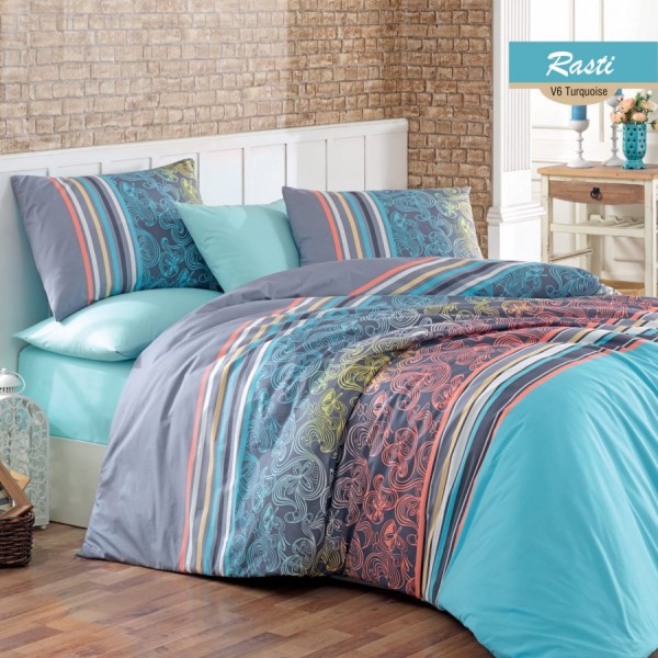 Lenjerie de pat dublu din bumbac 100% ranforce, model Bahar Home Rasti Blue, cu dungi și motive abstracte în nuanțe de turcoaz, albastru, gri și portocaliu.