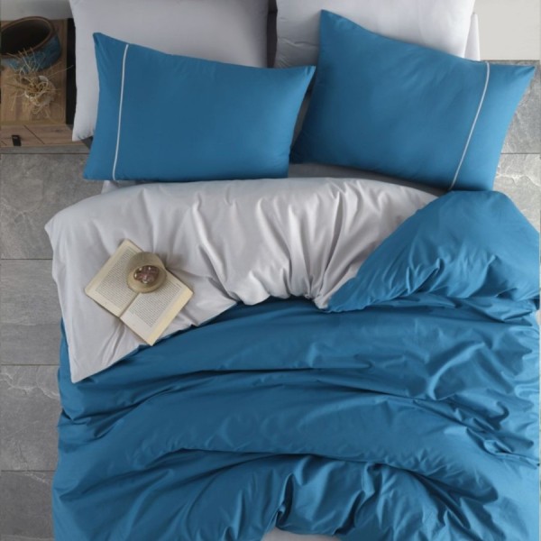 Lenjerie de pat Bahar Textile din bumbac 100% ranforce, cu design bicolor alb si albastru turcoaz