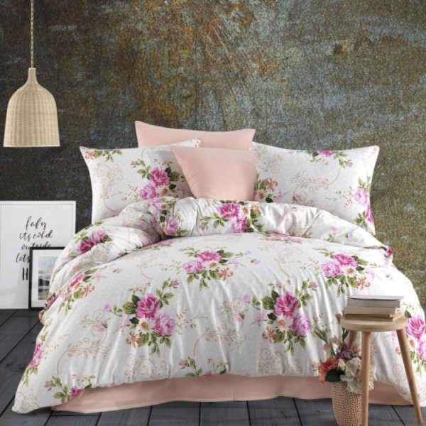 Lenjerie de pat bumbac 100% Ranforce Rosalina cu imprimeu floral roz și verde pe fundal alb cu accente bej