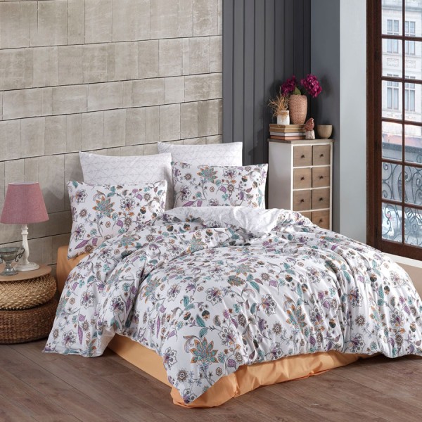 Lenjerie de pat Bahar Textile din bumbac 100% ranforce, set de 4 piese, cu design floral multicolor pe fundal alb