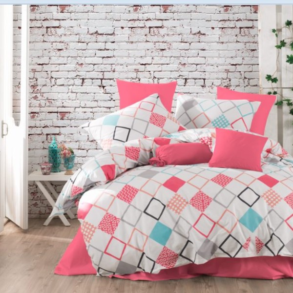 Lenjerie de pat dublu bumbac 100% ranforce Bahar Home Sion fuchsia-alb-turcoaz cu motive geometrice