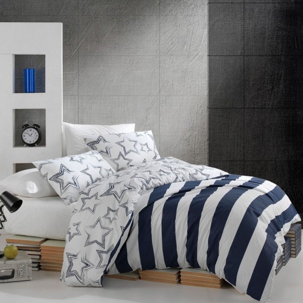 Lenjerie de pat Stella din bumbac 100% ranforce cu design de stele și dungi în nuanțe de alb și albastru, Bahar Textile