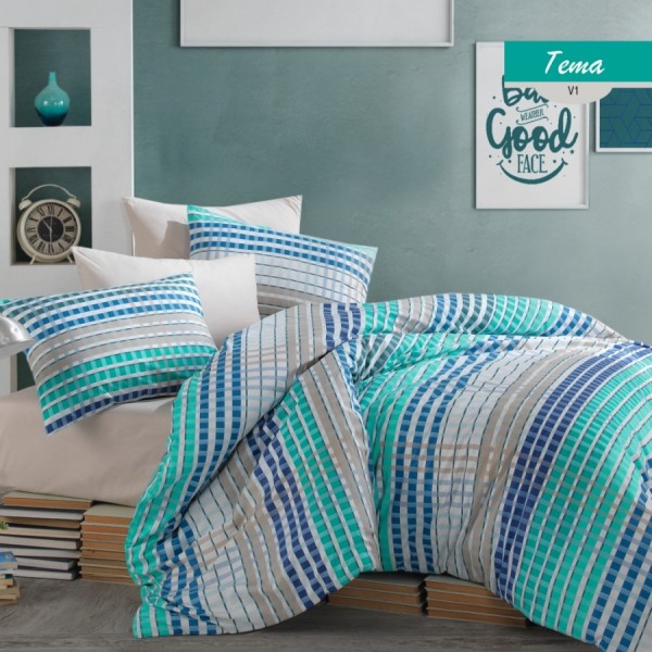 Lenjerie de pat din bumbac 100% ranforce model Tema V1 cu design geometric în nuanțe de albastru, turcoaz și gri