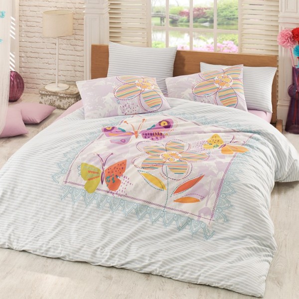 Lenjerie de pat dublu bumbac 100% ranforce Bahar Home Trendy alb cu fluturi și flori stilizate
