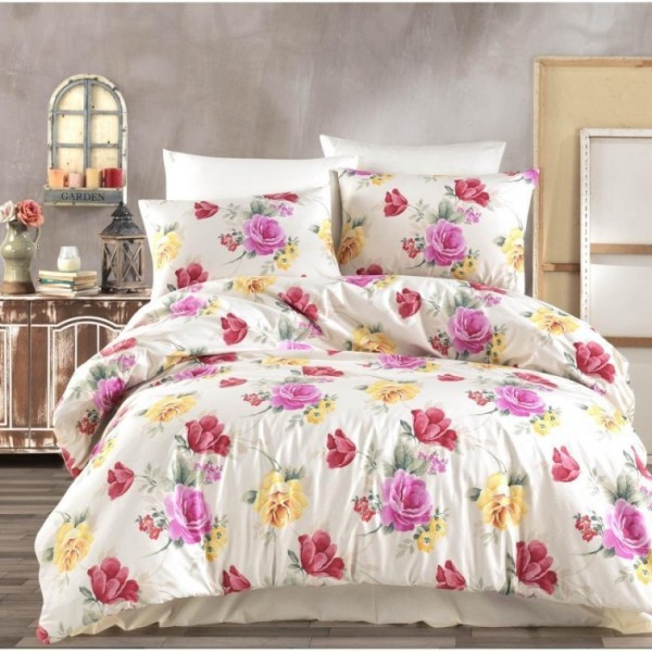 Lenjerie de pat dublu bumbac 100% ranforce Bahar Home Tulip roz-galben-roșu cu flori de lalele