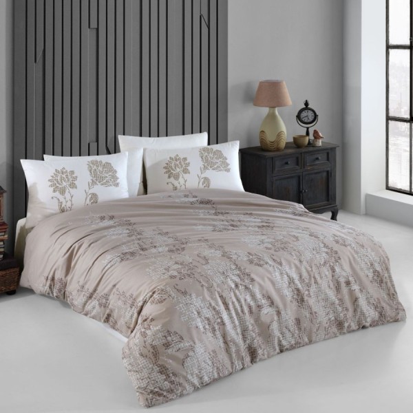 Lenjerie de pat din bumbac 100% ranforce cu design floral în tonuri de bej și alb, decor elegant și liniștitor
