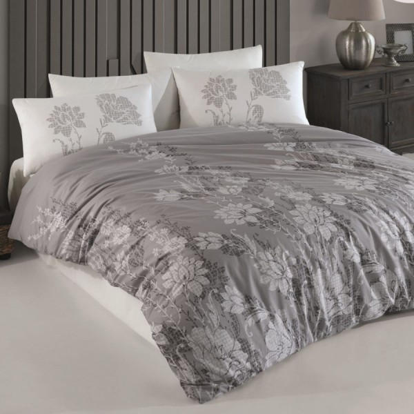 Lenjerie de pat din bumbac 100% ranforce cu design floral în tonuri de gri și alb, decor elegant și modern