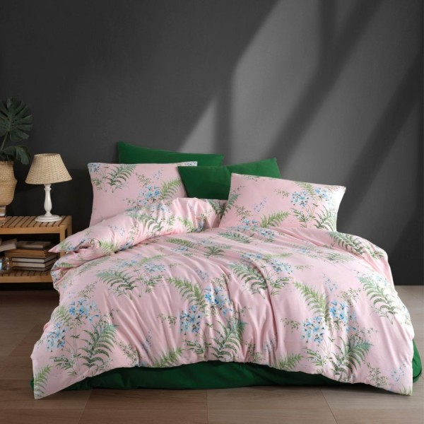 Lenjerie de pat dublu bumbac 100% ranforce Venice cu design floral în nuanțe de roz pastelat, verde și albastru.