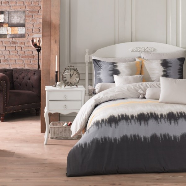 Lenjerie de pat dublu bumbac 100% ranforce Bahar Home Vibe gri-alb-galben cu pattern abstract