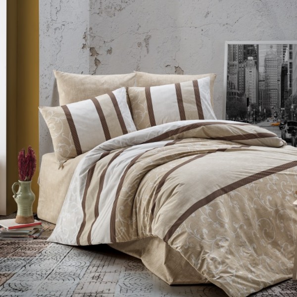 Lenjerie de pat dublu bumbac 100% ranforce Bahar Home Vista bej-maro cu dungi și motive florale