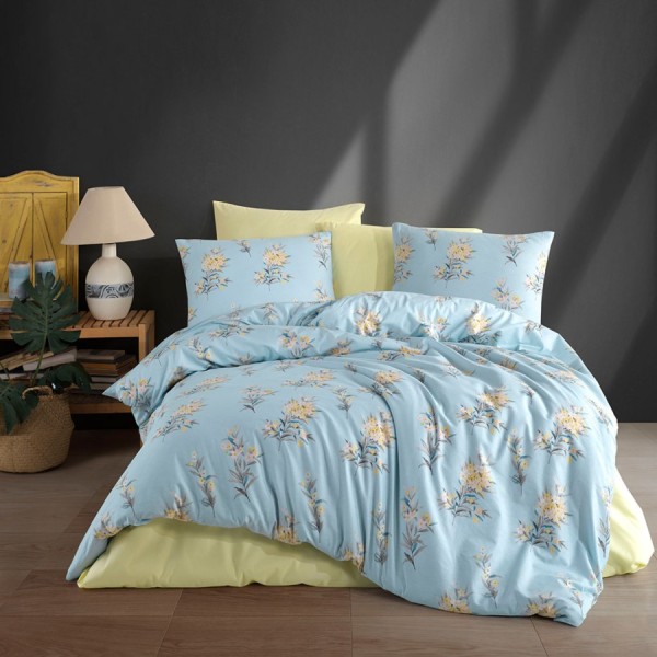 Lenjerie de pat Bahar Textile din bumbac 100% ranforce, set de 4 piese, cu design floral pe fundal albastru deschis