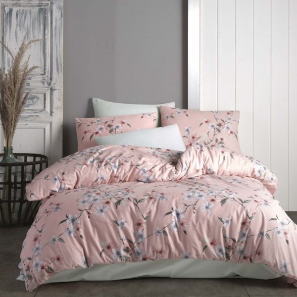 Lenjerie de pat dublu bumbac 100% ranforce cu design floral roz și alb