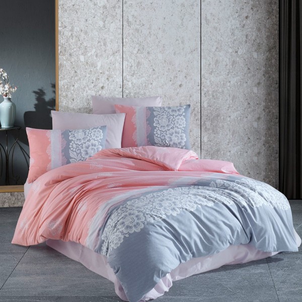 Lenjerie de pat din bumbac 100% ranforce model Elisa V4 cu design floral în nuanțe de roz și gri