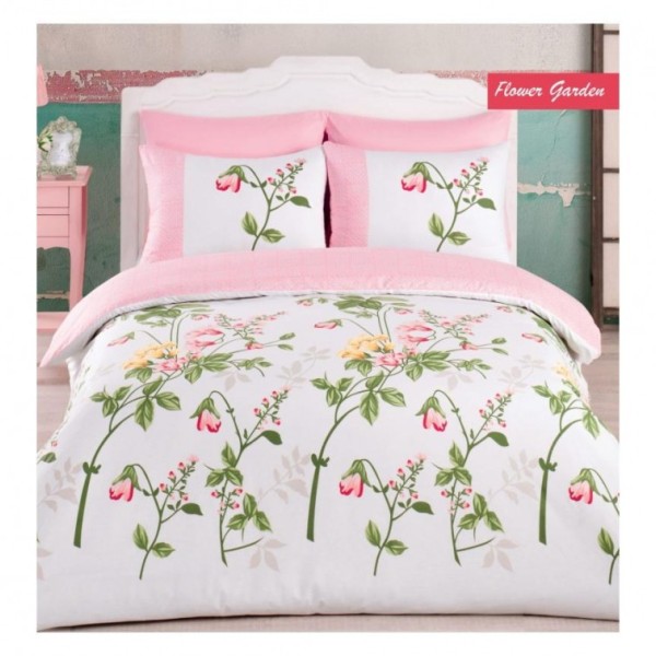 Lenjerie de pat din bumbac 100% ranforce cu design floral în nuanțe delicate de roz și verde pe fundal alb