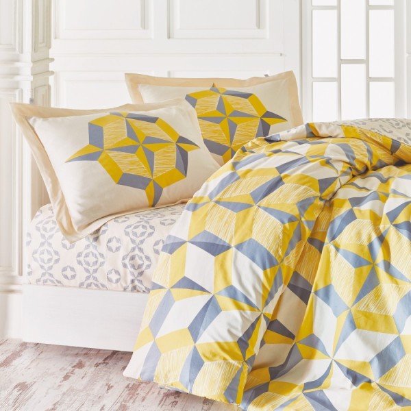 Lenjerie de pat din bumbac ranforce, design geometric galben și gri, set de 5 piese