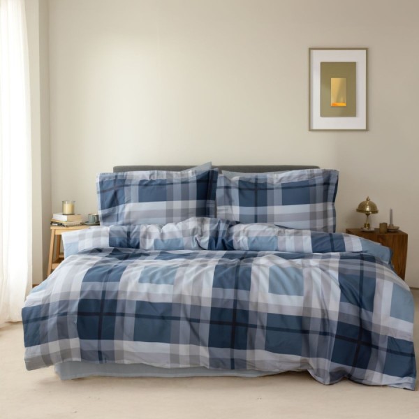Lenjerie de pat bumbac 100% ranforce Bahar Home Carlo model albastru in carouri