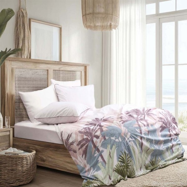Lenjerie de pat Bahar Home Palmera garnet cu imprimeu tropical multicolor din bumbac 100% ranforce 145 TC