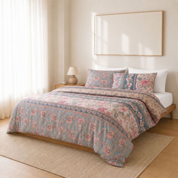 Lenjerie de pat dublu bumbac 100% ranforce Karen cu model paisley floral si cearsaf roz uni