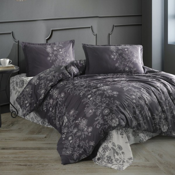 Lenjerie de pat dublu cu design floral elegant în gri și alb, bumbac 100% ranforce