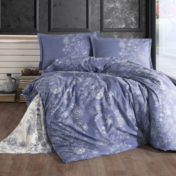 Lenjerie de pat dublu cu design floral elegant în albastru și alb, bumbac 100% ranforce