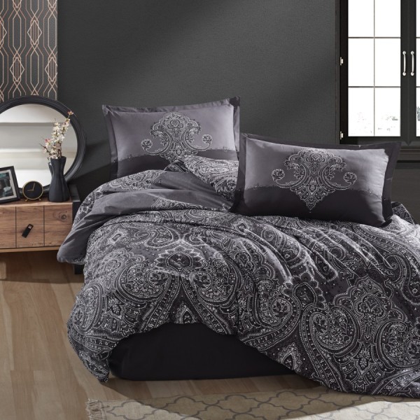 Lenjerie de pat din bumbac ranforce Pucioasa, design cu imprimeuri paisley albe pe fundal negru
