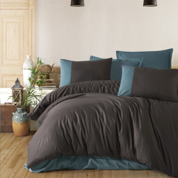 Lenjerie de pat Pucioasa Pure V5 din bumbac 100% ranforce, design antracit, albastru petrol