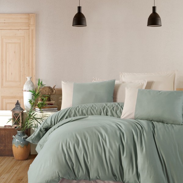Lenjerie de pat Pucioasa Pure V8 din bumbac 100% ranforce, design verde deschis și crem
