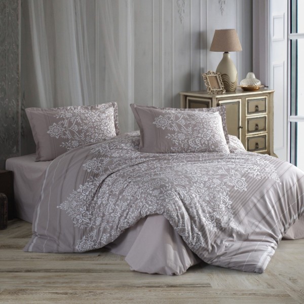 Lenjerie de pat dublu cu design floral sofisticat în gri deschis și alb, bumbac 100% ranforce
