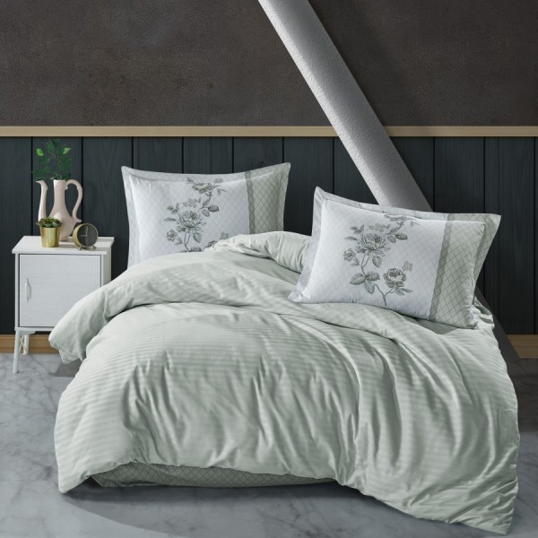 Lenjerie de pat din bumbac ranforce Pucioasa, design cu dungi verzi și motive florale gri pe fundal alb cu model geometric