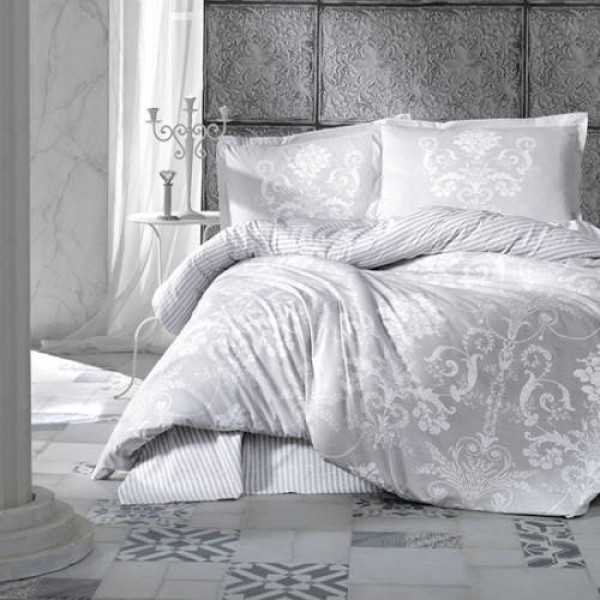 Lenjerie de pat bumbac 100% Ranforce Ralex Pucioasa Alone v1 cu design elegant în nuanțe de alb și gri și modele sofisticate