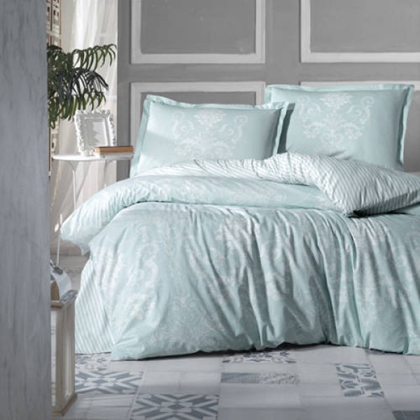 Lenjerie de pat bumbac 100% Ranforce Ralex Pucioasa Alone v2 cu design elegant în nuanțe de bleu și alb și modele sofisticate