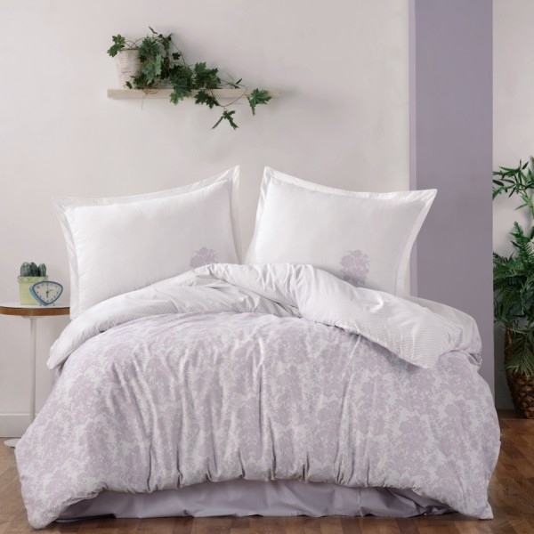 Lenjerie de pat din bumbac 100% Ranforce Ralex Pucioasa albă cu imprimeu floral lavandă
