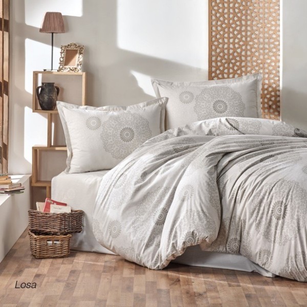Lenjerie de pat din bumbac 100% Ranforce Losa albă cu imprimeu geometric gri