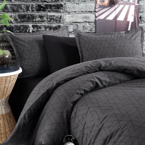 Lenjerie de pat dublu din bumbac ranforce cu model geometric în nuanțe de antracit pe fundal negru