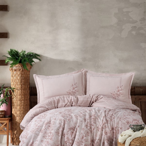 Lenjerie de pat din bumbac 100% Ranforce Porto roz pudrat cu imprimeu floral delicat