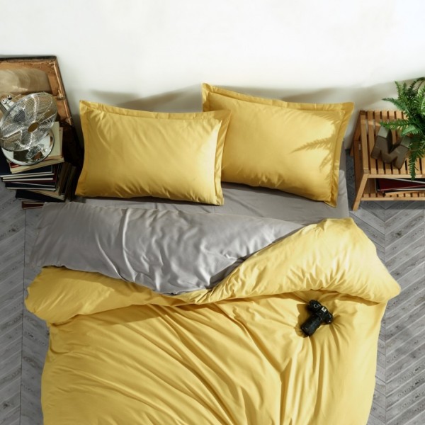 Lenjerie de pat dublu din bumbac 100% ranforce cu design modern în nuanțe de galben și gri