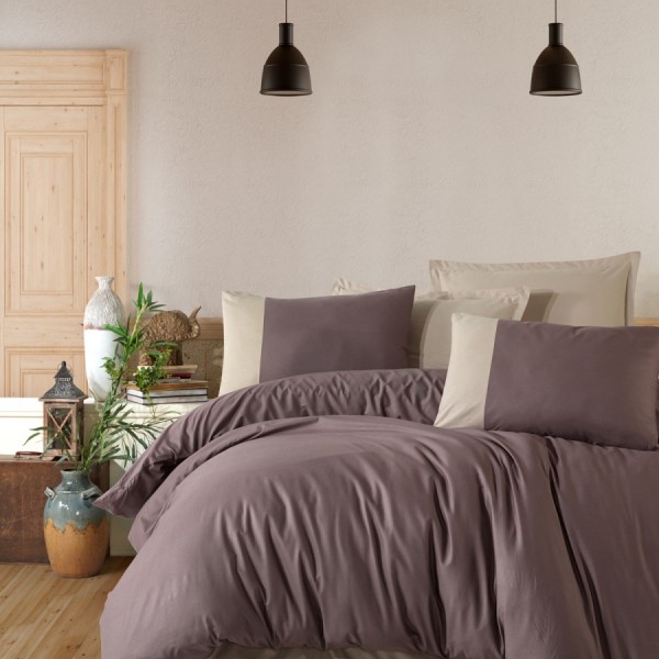 Lenjerie de pat din bumbac 100% ranforce cu design minimalist în nuanțe de maro și crem