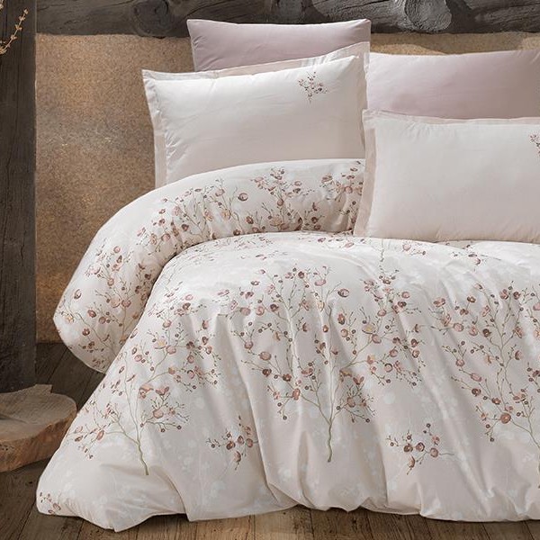 Lenjerie de pat din bumbac 100% ranforce Ralex Pucioasa Salida V1, cu design floral delicat în nuanțe de maro și roz pal pe fundal crem