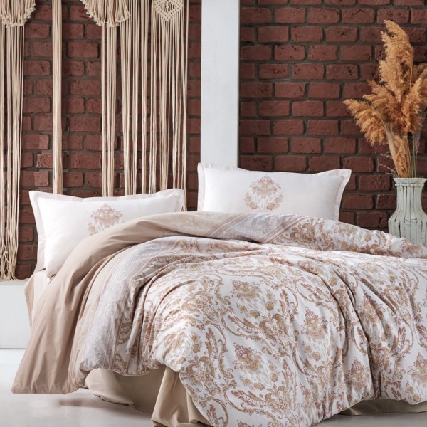 Lenjerie de pat bumbac 100% Ranforce Ralex Pucioasa Turka v2 cu design floral clasic în nuanțe de bej și crem