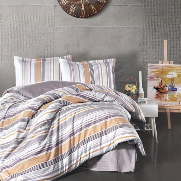 Lenjerie de pat bumbac 100% Ranforce Venta Beige cu design în dungi multicolore în nuanțe de bej, maro și gri, modernă și sofisticată.