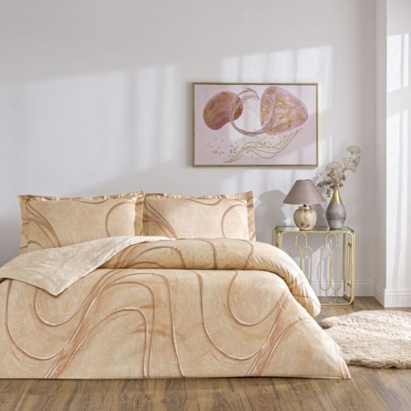 Set lenjerie de pat dublu Elisandra TAC din bumbac 100 % mako-satin, imprimeu linii ondulate caramel pe fond bej