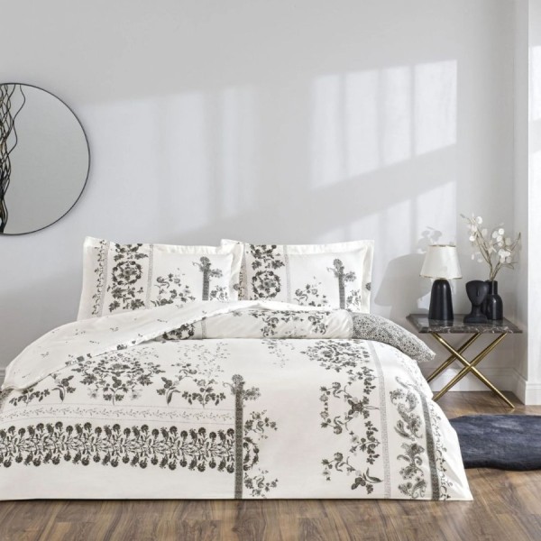 Set lenjerie de pat dublu Climena TAC din bumbac 100 % mako-satin, imprimeu floral monocrom pe fond alb