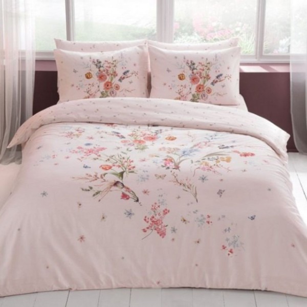 lenjerie de pat TAC Martha Pembe bumbac 100 satinat roz cu flori si pasari decorative cu 2 cearceafuri pilota