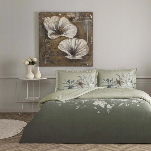 Set lenjerie de pat dublu Nurel din bumbac 100 % mako-satin, imprimeu floral pe fond verde
