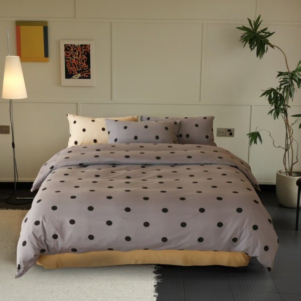 Lenjerie de pat bumbac tricot cu elastic gri lavandă cu imprimeu buline negre mari