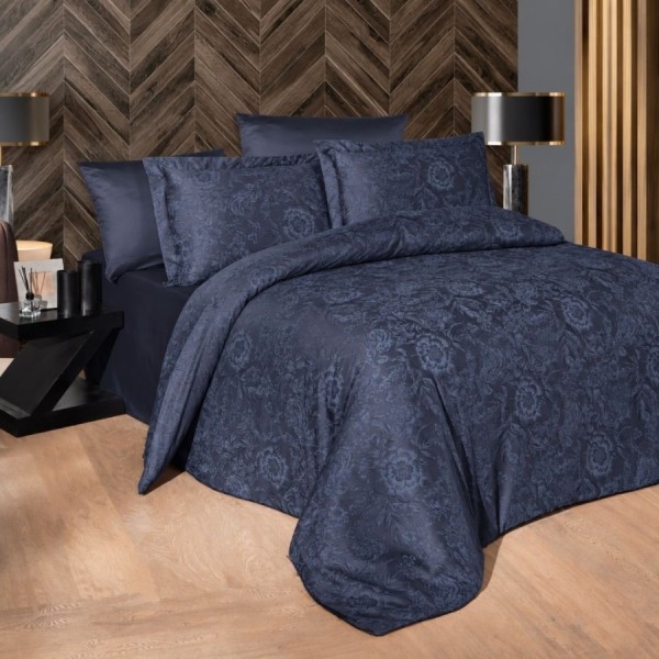 Lenjerie de pat First Choice Advina Eclipse bumbac satinat 220 TC bleumarin cu imprimeu floral ton pe ton