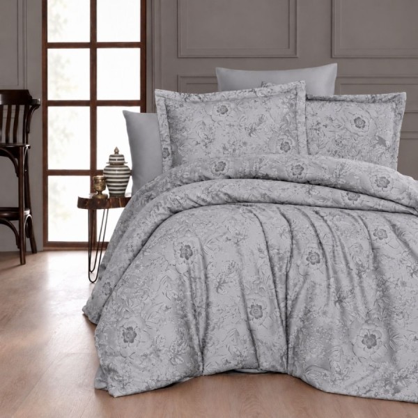 Lenjerie de pat First Choice Advina Gri bumbac satinat 220 TC cu imprimeu floral gri argintiu ton pe ton