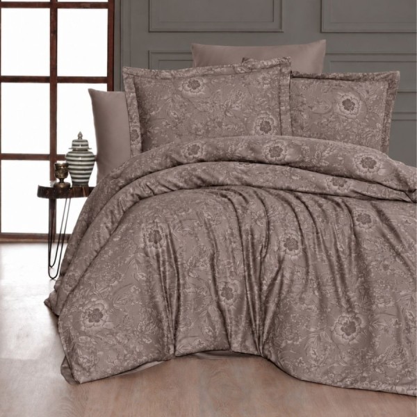 Lenjerie de pat First Choice Advina Mink bumbac satinat 220 TC cu imprimeu floral maro taupe ton pe ton