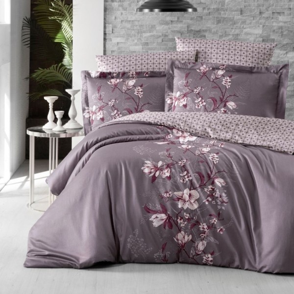 Lenjerie de pat bumbac satin de lux 6 piese First Choice Evan Lila cu imprimeu floral elegant pe fundal mov